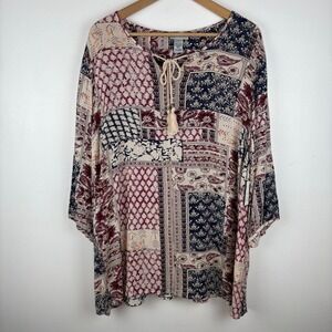 Catherine's Women 3/4 Sleeve Gauzy Patchwork Tunic Top Size 1X Red Blue Tan Boho